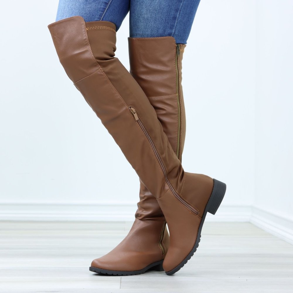 Tan Thigh High Over The Knee Faux Leather & Stretchy Material Low Heel Boot